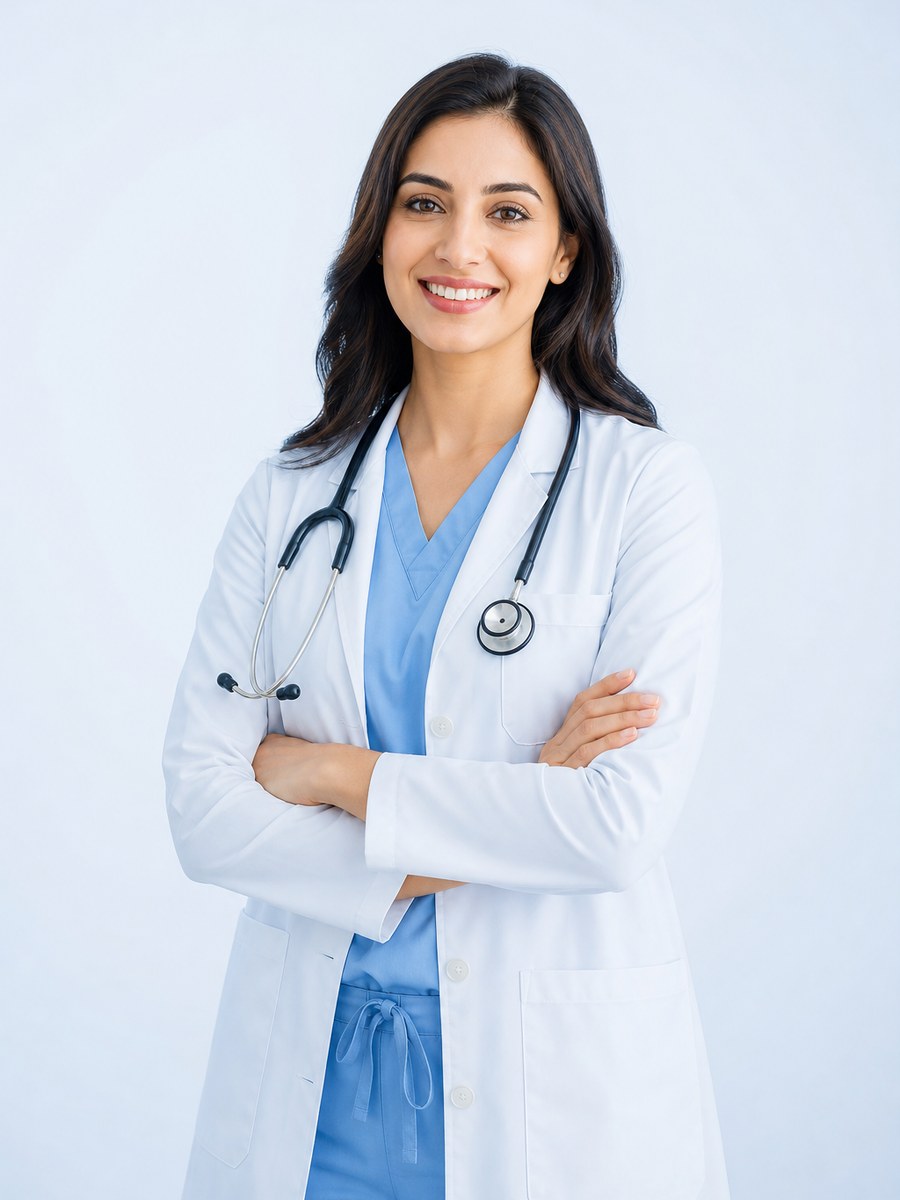 Doctor in a white coat smiling with arms crossed