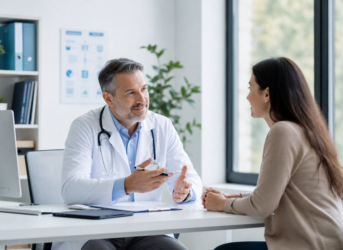 A doctor consulting with a patient in a bright clinic room